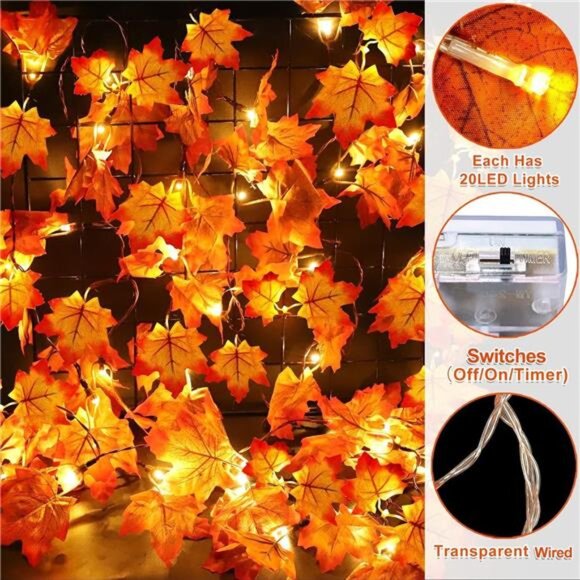 3 Pack 30ft Fall Garland with Timer, 60 LED Leaf Lights, Battery Operated - Picture 5 of 7